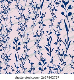 Meadow wild flowers silhouettes on textured background. Elegant pattern with delicate flowers and leaves. Template for modern design of fabric, textile, wrapping, background. Vector.