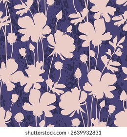 Meadow wild flowers silhouettes on dark textured background. Vector seamless pattern. Cute elegant floral background for home textiles, interiors, linens, cotton fabric, scrap book, wrapping paper.