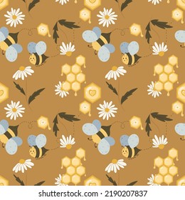 Patrón sin fisuras del vector de abejas silvestres pradera. Ilustración decorativa de adornos de panes de flores de abeja. Patrón sin foco con las abejas. Ilustración de dibujo con la mano del vector.