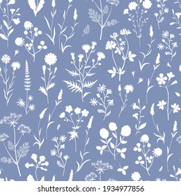 Meadow Wildflower Silhouette Seamless Vector Pattern. Boho Botanical Blue Floral Neutral Background. Delicate Field Flower And Herb Illustration.