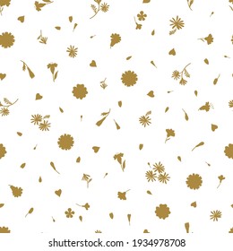 Meadow wildflower silhouette seamless vector pattern. Boho botanical floral calico background. Delicate field flower and petals herbarium illustration.