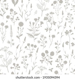 Meadow wildflower silhouette seamless vector pattern. Boho botanical floral neutral grey background. Delicate field flower and herb illustration.