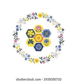 Meadow wildflower wreath isolated on white background. Decorative honeycomb tile with floral ornament. Folksy bloomy botanical round frame vector illustration. Beautiful spring bloom honeybee poster.