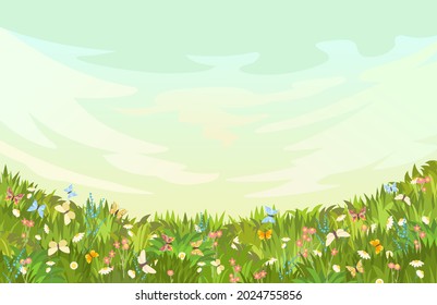 Meadow with wildflowers and butterflies. Grass close-up. Beautiful green landscape. Cartoon style. Flat design. Flowers. Art illustration vector