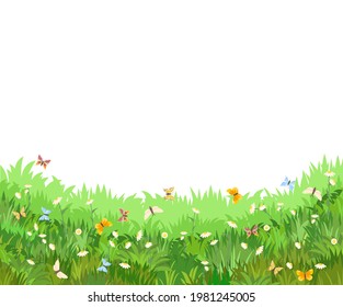 Meadow with wildflowers and butterflies. Illustration. Grass close-up. Beautiful green landscape. Isolated. Cartoon style. Flat design. Flowers. Vector art