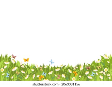 Meadow with wildflowers and butterflies. Illustration. Grass close-up. Beautiful green landscape. Isolated. Cartoon style. Flat design. Flowers. Vector art.
