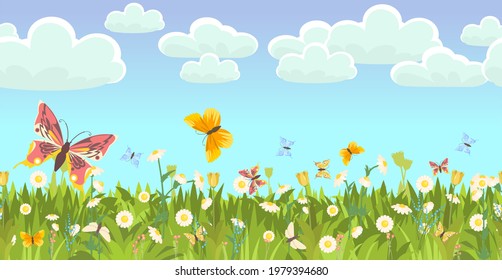 Meadow with wildflowers and butterflies. Seamless illustration. Grass close-up. Green landscape. Summer sky. Cartoon style. Flat design. Flowers. Vector art