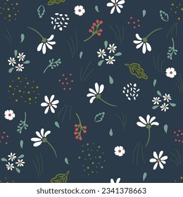 Weidenblumen. Nahtloses Muster ohne Blumen. Helle Pflanzen auf dunklem Hintergrund. Vektordesign für Papier, Deckel, Stoffe, Innendekoration und andere Benutzer