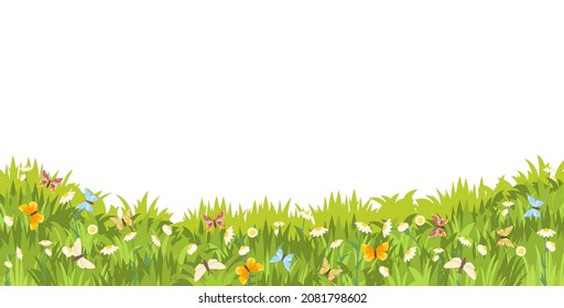 La pradera con flores silvestres. Acercamiento de la hierba. Hermoso paisaje rural verde. Aislado. Estilo de caricatura. Diseño plano. Vista al campo. Flores. Vector de ilustración artística.