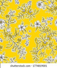 Meadow. Wildflowers pattern. Hand drawn Floral pattern. Seamless vector texture. Elegant template for fashion prints. Surface with meadow flowers and herbs. Yellow background.