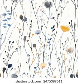 Meadow Wildflowers Print Design Seamless Patterns Collection. This collection features stunning, intricate patterns inspired by vibrant wildflowers in a serene meadow.