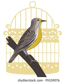 Meadowlark bird on perch with vintage stylized  birdcage
