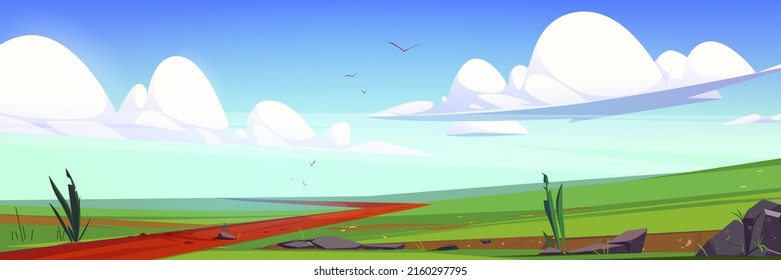 Meadows, fields with green grass and road. Vector cartoon illustration of summer or spring rural landscape, countryside scene of pasture with plants, path and stones