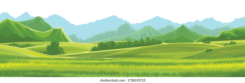 Meadows, hills and mountains. Vector background. Alpine green pastures, grass. Horizontal landscape. Summer, spring day. Scenery.