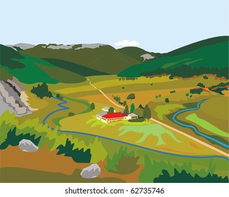 meadows mountains and factory