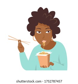 Meal, beautiful African American woman sitting and eating Thai food with chopsticks. Stay home. Takeaway food. vectors, cartoon illustration. Isolated on a white background.