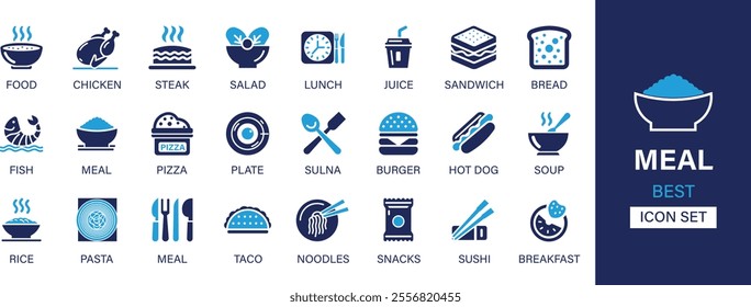 Meal best solid icon set collection. Food, steak, chicken, salad, lunch, sandwich, juice, bread, fish, meal, pizza, plate, burger, soup and vector illustration.