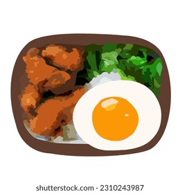 Meal box, Lunch box, Deep-fried food, Fried egg, Rice, Stir-fry, Tempura, Bento, Chicken cutlet svg