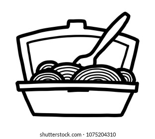 meal box of noodle / cartoon vector and illustration, black and white, hand drawn, sketch style, isolated on white background.