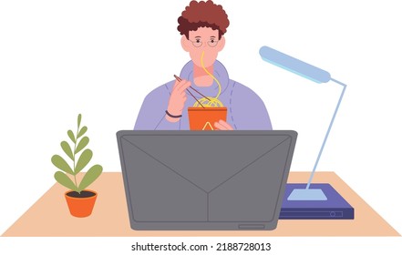 Meal break in office. Man eats lunch at workplace isolated on white background
