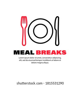 Meal breaks icon. Time break. Fork, spoon, plate. Lunch, dinner. Vector on isolated white background. EPS 10