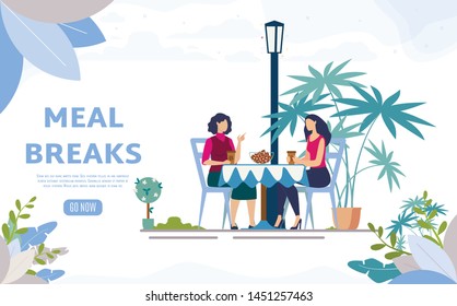 Meal Breaks for Office Workers Flat Vector Web Banner, Landing Page. Female Friends, Colleagues Lunching in Street Cafe, Sitting at Table, Drinking Coffee in Restaurant Outdoor Terrace Illustration