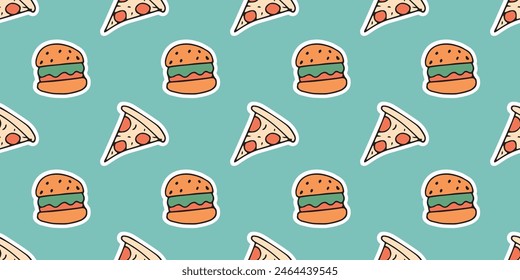 comida. hamburguesa. pizza. comida rápida. comida de la calle. delicioso. el menú del restaurante. el patrón. patrón sin fisuras. sin fisuras. Doodle. paleta retro.