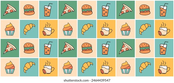 meal. burger. pizza. fast food. street food. tasty. the restaurant menu. the pattern. seamless pattern. seamless. Doodle. retro palette.