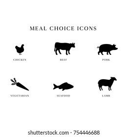 Meal Choice Icons - Set of 6 meal choice option icons. The set includes chicken, beef, pork, vegetarian, seafood / fish, and lamb.