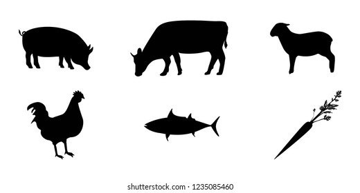 Meal Choice Icons - set of six meal choice option icons. The set includes chicken, beef, pork, vegetarian, fish, and lamb