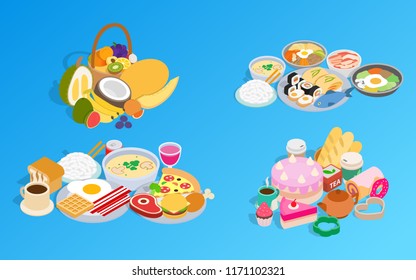 Meal clip art set. Isometric clip art of meal concept vector icons for web isolated on white background
