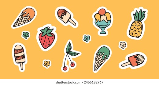 meal. coconut. drink. ice cream. rest. delicious. water. soda. cocktail. vector. sticker. doodle drawing. retro palette. with a white outline.