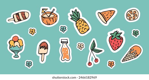 meal. coconut. drink. ice cream. rest. delicious. water. soda. cocktail. vector. sticker. doodle drawing. retro palette. with a white outline.