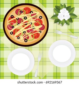 Meal composition on a table cloth with pizza. Flat style vector illustration.