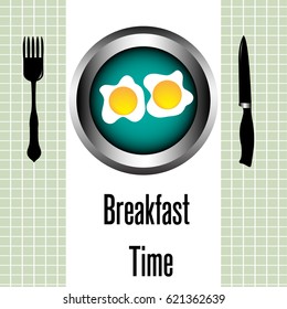 Meal concept with fork, knife and two eggs on a plate for breakfast
