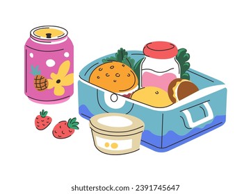 Meal container with tasty and nutritious food products. Pineapple soda and yogurt, strawberries and sandwich. Organic and natural nourishment for balanced nutrition and dieting. Vector in flat style