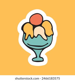 meal. delicious. ice cream. the horn. popsicle. vanilla. colored. cold. vector. sticker. doodle drawing. retro palette. with a white outline.