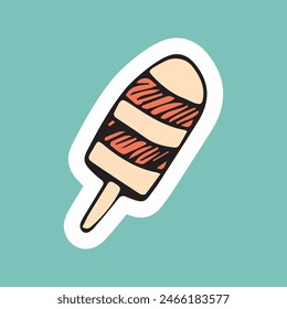 meal. delicious. ice cream. the horn. popsicle. vanilla. colored. cold. vector. sticker. doodle drawing. retro palette. with a white outline.