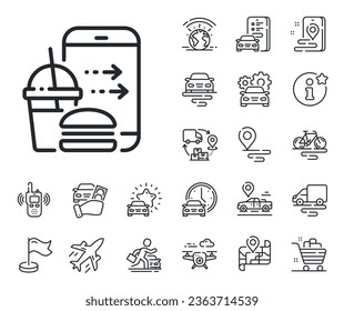 Meal delivery app sign. Plane, supply chain and place location outline icons. Food order line icon. Online catering service symbol. Food order line sign. Taxi transport, rent a bike icon. Vector