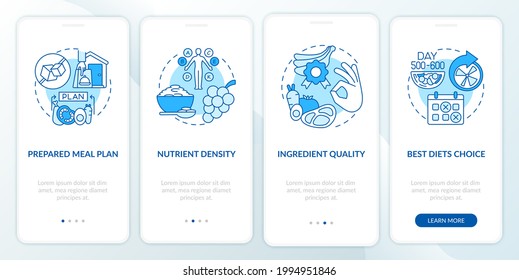 Meal delivery for diabetics onboarding mobile app page screen. Meal plan walkthrough 4 steps graphic instructions with concepts. UI, UX, GUI vector template with linear color illustrations