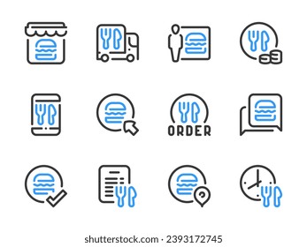 Meal Delivery and Food Delivery Service vector line icons. Ordering Groceries, Takeaway and Online Food Order outline icon set.