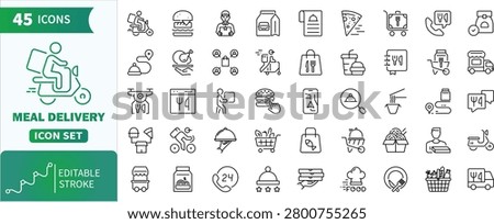 Meal delivery line icons with editable strokes.Collection of food ordering, takeaway, and restaurant online service outline vector icons