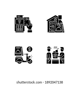 Meal delivery orders black glyph icons set on white space. Cashless payment. Contactless option. Delivery fee. Food pickup. Courier service. Silhouette symbols. Vector isolated illustration