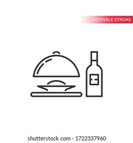 Meal with dish cover or tray server and a wine bottle thin line vector icon. Editable stroke.