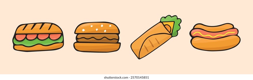 meal. doodle food with colored filling. fast food icons. fast street food. burger. pizza and hot dog. cutlets with a bun. vector. doodle. on a colored background. food products.