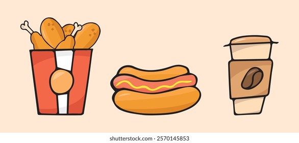 meal. doodle food with colored filling. fast food icons. fast street food. burger. pizza and hot dog. cutlets with a bun. vector. doodle. on a colored background. food products.