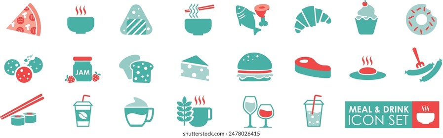 Meal and Drink, Solid icon set, Containing food, vegetables, water, meal, fast food, and dinner icons