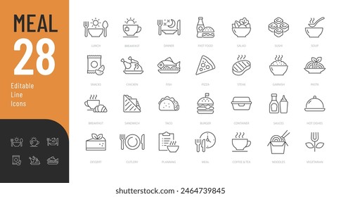 Juego de iconos editables de comida. Ilustración vectorial en estilo moderno de línea delgada de los iconos relacionados con la comida: plato, almuerzo, comida rápida, y más. Pictogramas e infografías para App móviles.