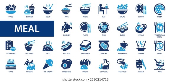 Meal flat icons set. Dinner, eat, food, soup, pizza, milk, steak icons and more signs. Flat icon collection.