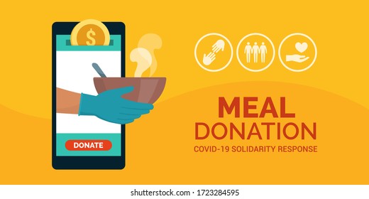 Meal and food donation app on a smartphone, volunteering and charity concept, covid-10 solidarity response